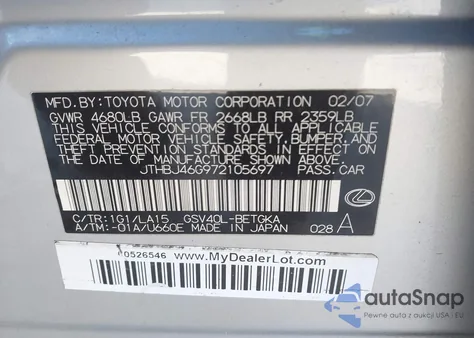 2007 Lexus Es 350 z USA, uszkodzony, nr VIN JTHBJ46G972105697